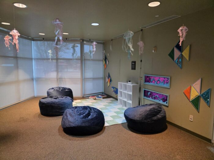 sensory-space-grant-el-paso-sensory-room-1 Sensory space with bean bags and jellyfish decor, funded by the New Beginnings Sensory Space Grant in El Paso